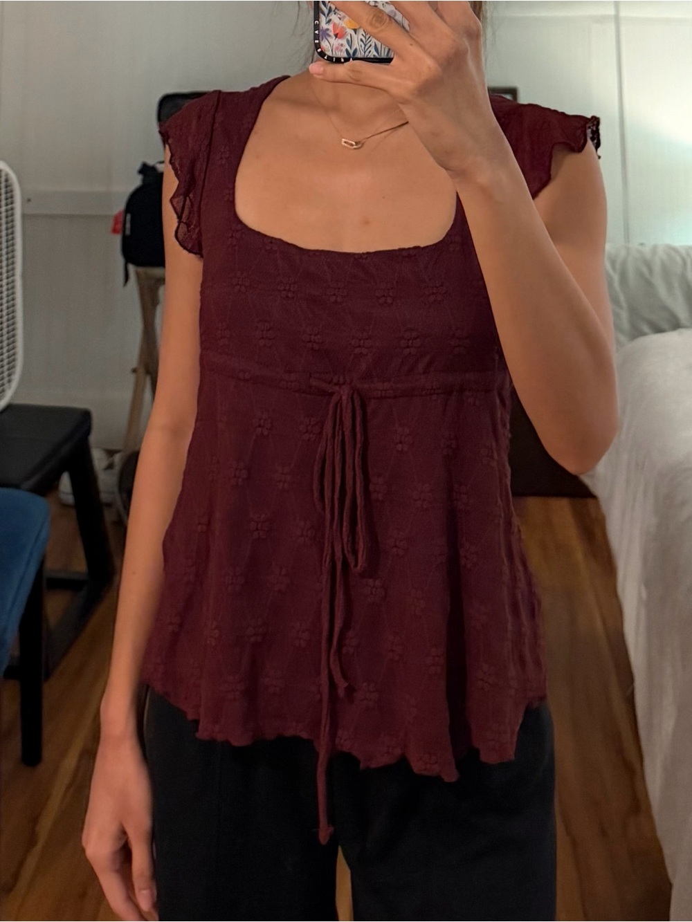 Burgundy Lace-Texture Women's Tie-Front Top - Picture 3 of 6
